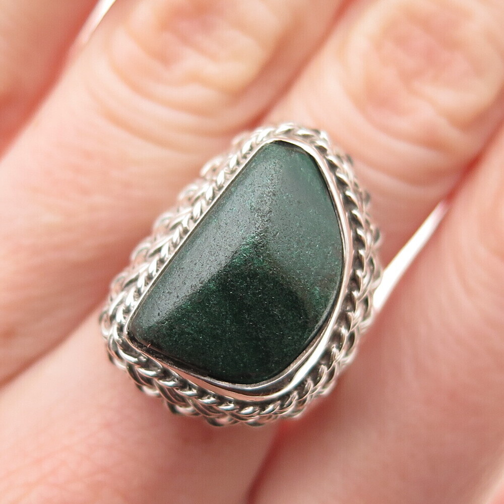 925 Sterling Silver Vintage Mexico Real Malachite Modernist Ring Size 7.75